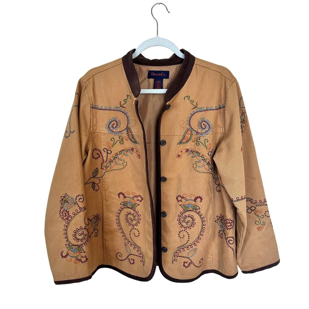 Womens Tan Embroidered Jacket Large 100% Cotton Denim & Co Pockets Button Up
